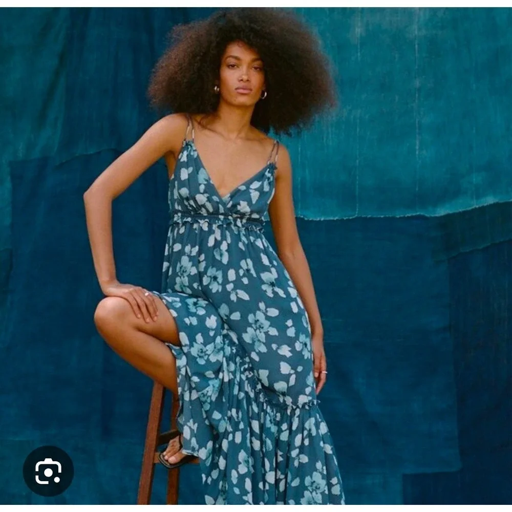 Abercrombie & Fitch Blue Floral Petal V-Neck Tiered Maxi‎ Dress Large L